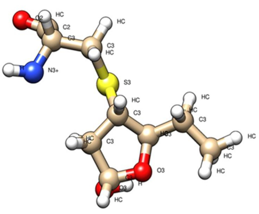 Molecular structure diagram, 3D chemical model with atoms labeled (e.g., C, O, N, S, H).