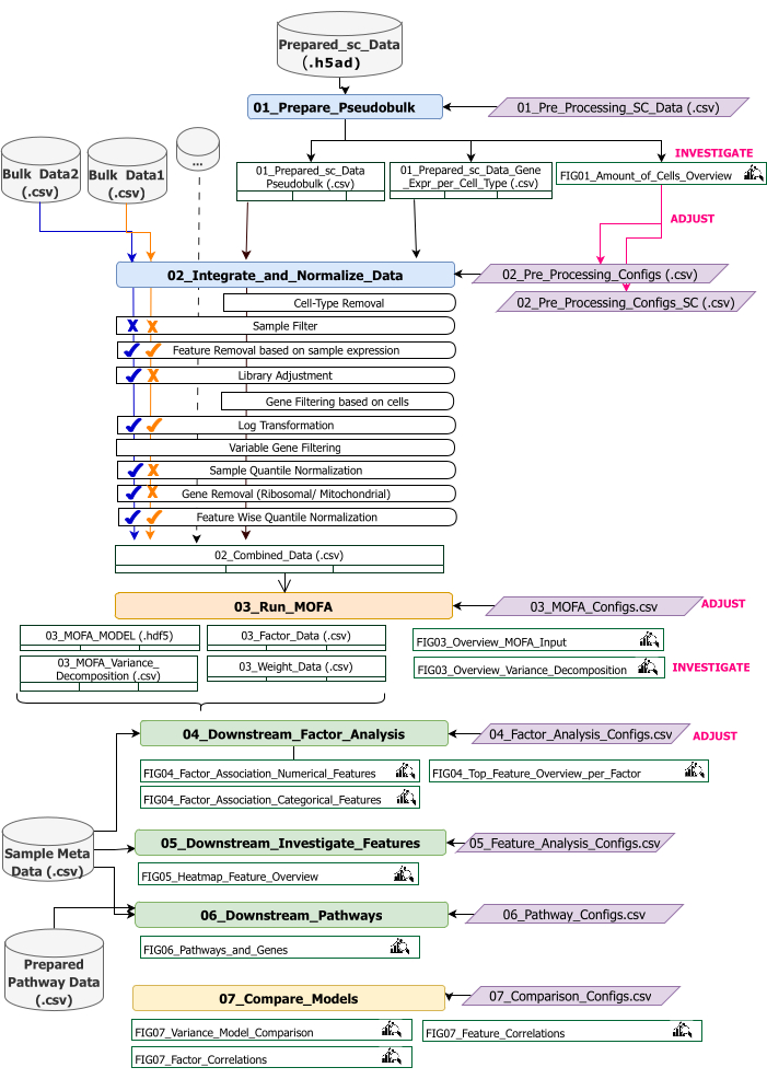 Single-cell data processing flowchart, pseudobulk preparation to model comparison, CSV outputs.