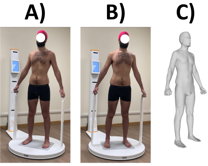 Body composition analysis; 3D body scan setup and results, showing anthropometric measurements.