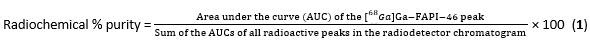 Radiochemical purity calculation; equation; AUC of radioactive peaks in radiodetector chromatogram.