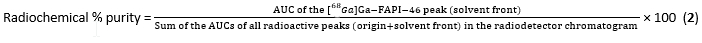 Radiochemical purity formula; chromatogram method; AUC of [68Ga]Ga-FAPI-46 peak; solvent front.