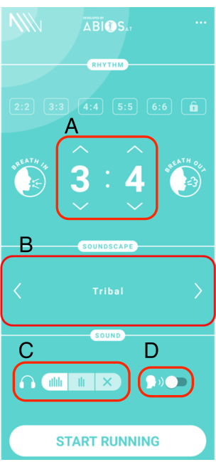 figure-protocol-4 Breathing rhythm app interface, ratio 3:4, soundscape "Tribal," sound settings accessible.
