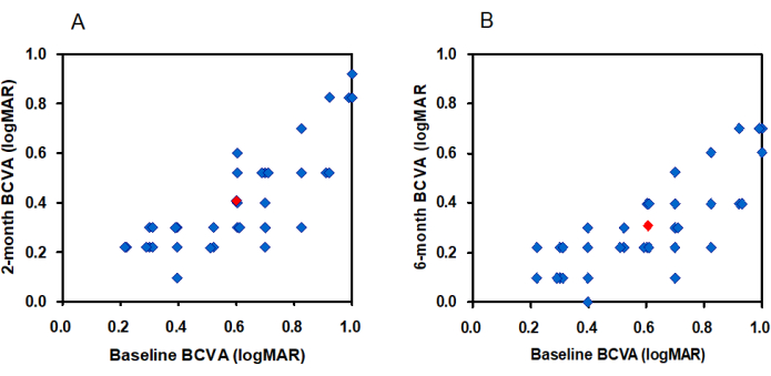 figure-results-1 Scatter plot comparing baseline and follow-up BCVA (logMAR) scores at 2-month and 6-month intervals.