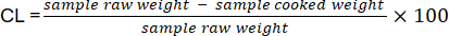 Cooking Loss formula: CL=((sample raw weight - sample cooked weight)/sample raw weight)×100 equation.