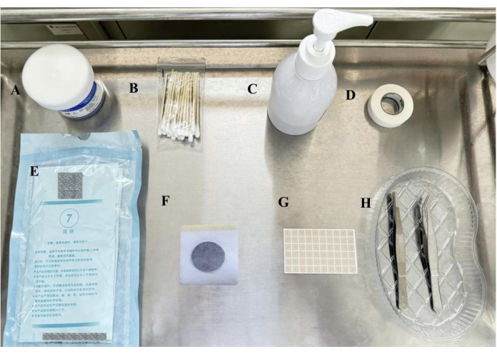 Disinfection setup, tray with swabs, sanitizer, tape, tools; hygiene process diagram.