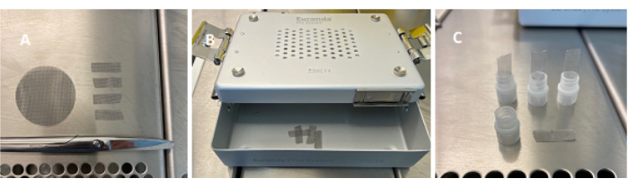 Metal mesh electrodes preparation; images show cutting process, custom press setup, electrode storage.