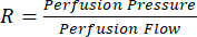 Resistance calculation formula, R=Perfusion Pressure/Perfusion Flow, medical physiology equation.