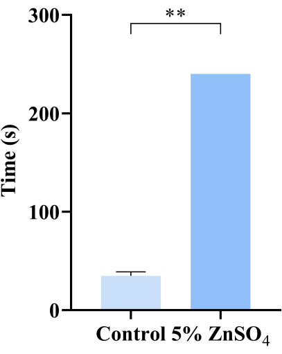 figure-results-2 Time comparison chart; Control vs. 5% ZnSO4; Statistical analysis; Bar graph with significance.