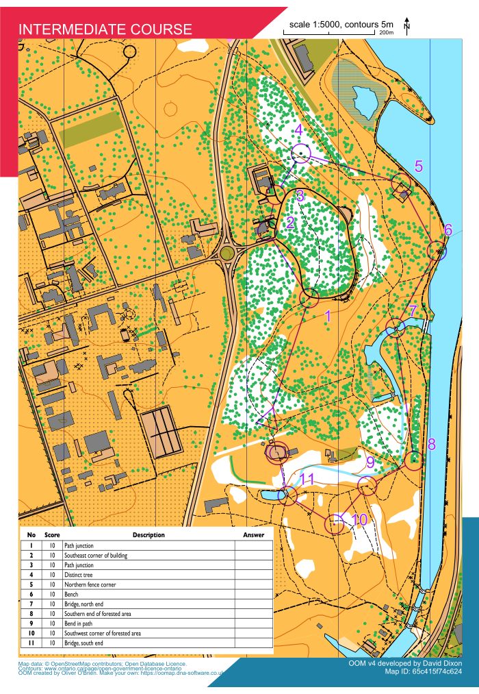 figure-protocol-3 Orienteering map with numbered controls, path networks, and forested areas, scale 1:5000.