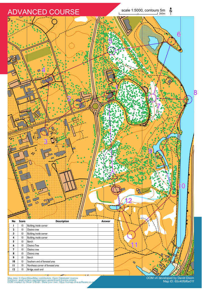 figure-protocol-4 Orienteering map diagram, advanced course, scale 1:5000, featuring control points and terrain.