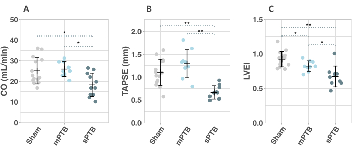 Cardiac function comparison: CO, TAPSE, LVEI in Sham, mPTB, sPTB groups; statistical analysis graph.