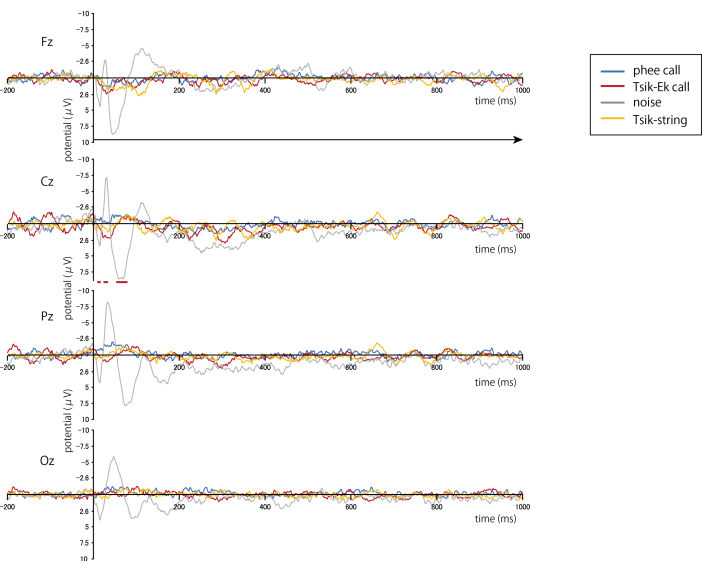 figure-results-2 EEG potential graph showing phee call, Tsik-Ek call responses; diagram of brainwave data analysis.