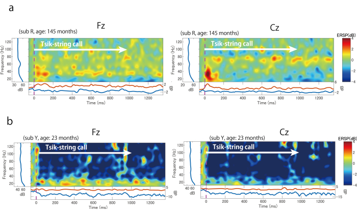 figure-results-3 Spectrogram diagrams comparing auditory response in Fz and Cz channels to Tsik-string call.
