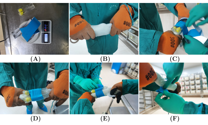 figure-results-1 Composite image showing a tensile testing procedure on a prosthetic device using manual force.