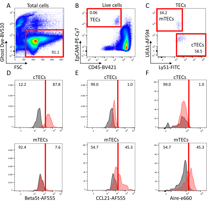 figure-results-1 Flow cytometry analysis, cell differentiation chart; CD markers, TEC populations, histograms showing mTECs/cTECs.