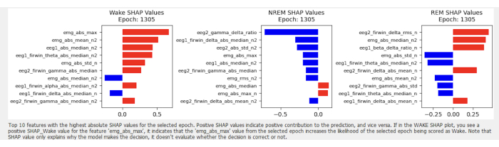 SHAP value bar charts for Wake, NREM, REM states; predictive model feature contribution analysis.