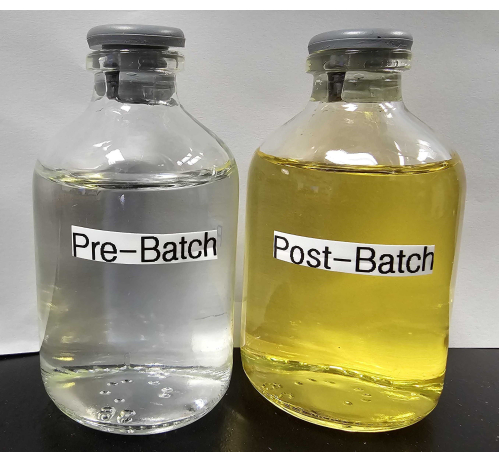 Chemical process comparison; pre-batch vs post-batch; experimental bottles; color change analysis.