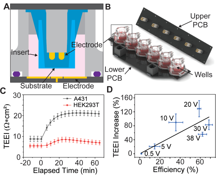 Electrode setup and PCB system diagram with TEER analysis graphs for cell study efficiency.