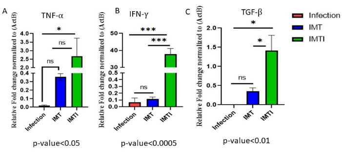 figure-results-4 Chart comparing TNF-α, IFN-γ, and TGF-β relative fold change by infection, IMT, IMTI treatments.