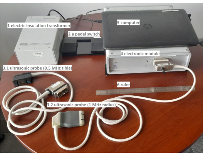 Ultrasonic measurement setup; includes probes, transformer, module, computer for tibia analysis.