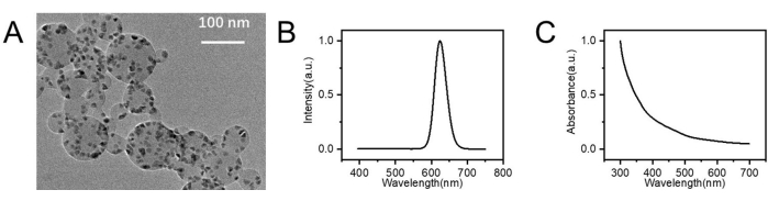 Nanoparticles TEM image, optical spectrum graph, UV-Vis absorption graph; particle analysis.