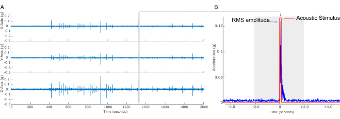 Seismic response graph; RMS amplitude, acoustic stimulus effect on acceleration vs. time.