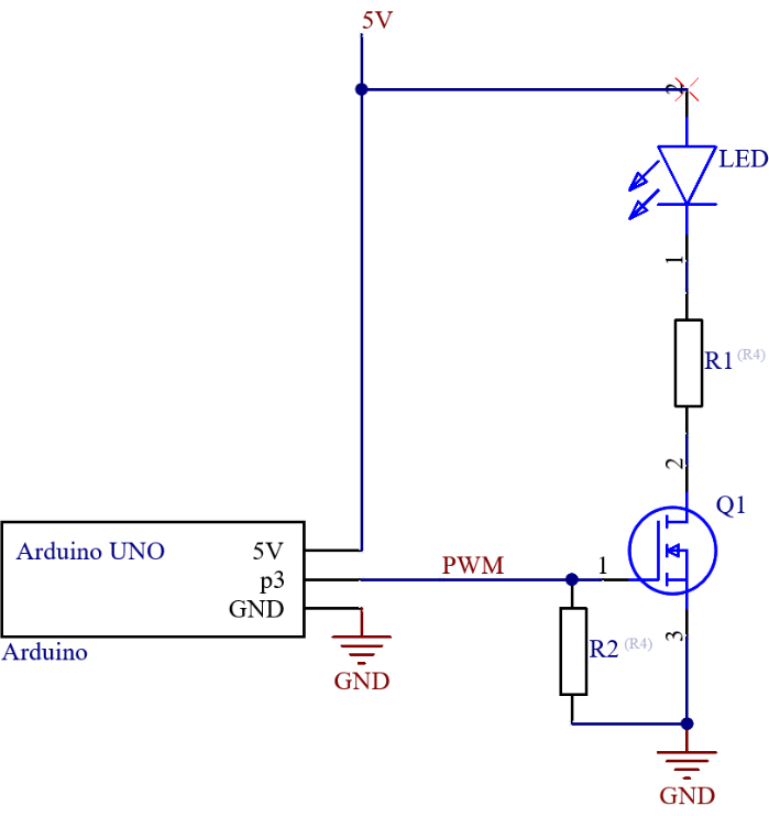 Arduino PWM circuit diagram for LED control, featuring an N-MOSFET and resistors for modulation.
