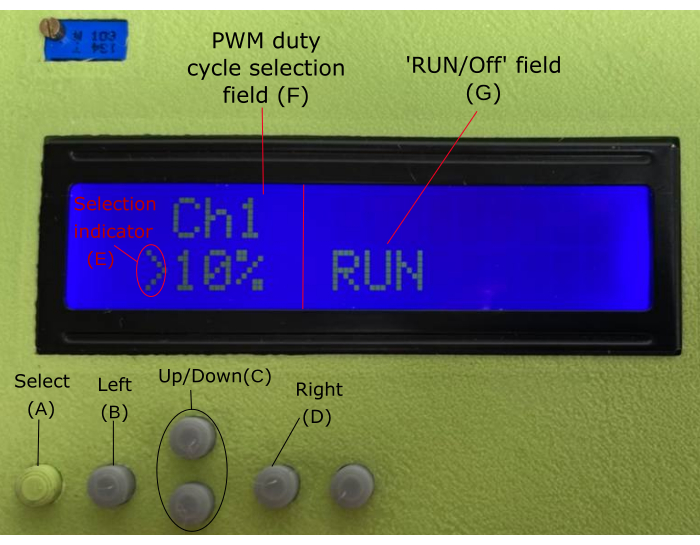 LCD controller interface with PWM duty cycle, RUN/Off fields; button controls for selection adjustment.
