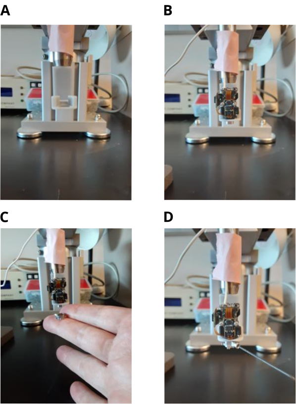 Force microscopy setup for measurement; includes probe and electronic components; 4-panel sequence.