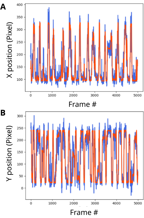 Position tracking graph; X, Y pixel changes vs. frames in data analysis chart.