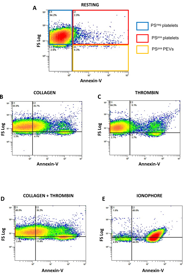 Flow cytometry diagrams of platelet activation with Annexin-V and FS Log metrics, showing varied stimuli.