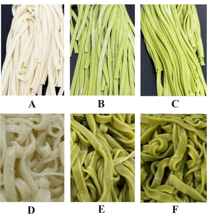 Noodle texture comparison: raw and cooked, wheat vs. spinach; images A/B/C raw, D/E/F cooked.