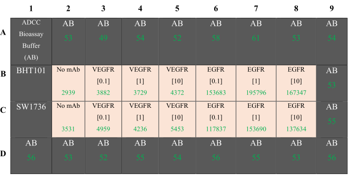 ADCC bioassay results table, VEGFR, EGFR analysis, BHT101, SW1736 data, antibody effects shown.