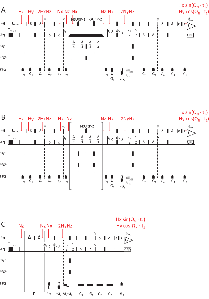 NMR pulse sequence diagrams, spectroscopy method, displaying I-BURP-2 experiment setups, chemical shifts, and phase cycling.
