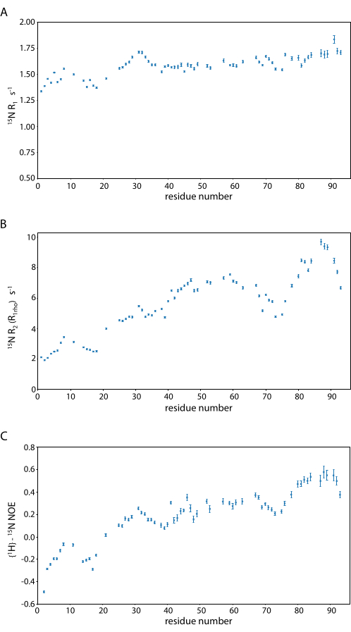 Protein NMR relaxation data; residue vs. ¹⁵N R₁, R₂, NOE rates; comparative analysis graph.