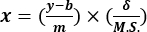 Linear regression equation, x=(y-b/m)×(δ/Ms), mathematical formula, educational diagram.