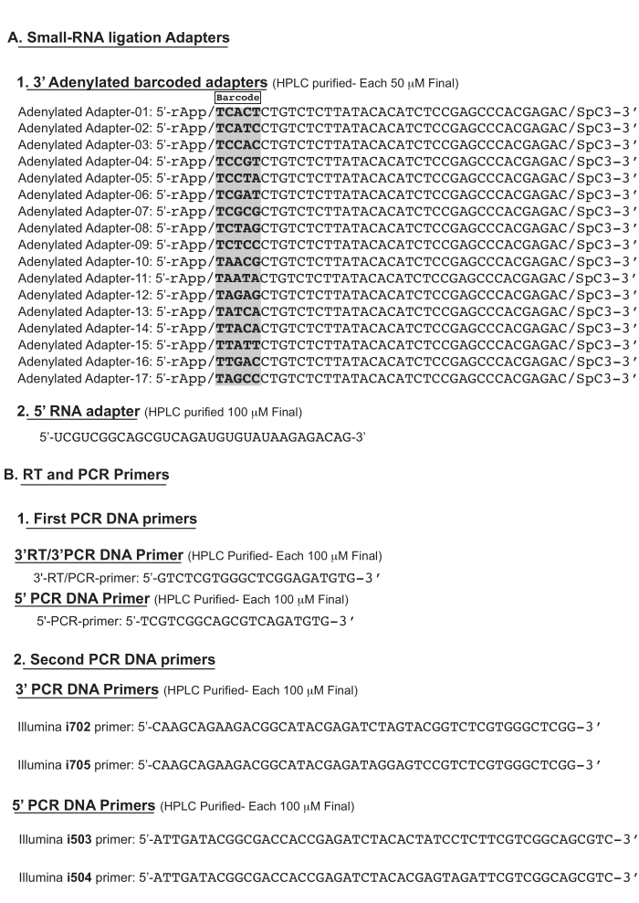figure-results-1 Small-RNA ligation adapters and primers list for PCR, showing sequences and purification details.
