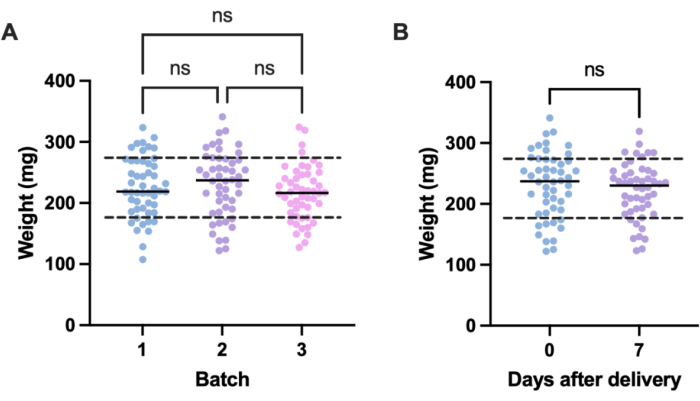 figure-results-5 Weight distribution comparison; dot plot chart; batch vs. days postpartum; statistical analysis.