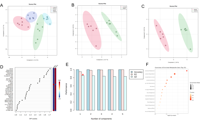 figure-results-3 Multivariate analysis diagrams showing score plots, VIP scores, component performance, metabolite set enrichment.