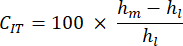 Thermodynamic efficiency equation, \(C_{TT} = 100 \times \frac{h_m - h_l}{h_l}\), formula.