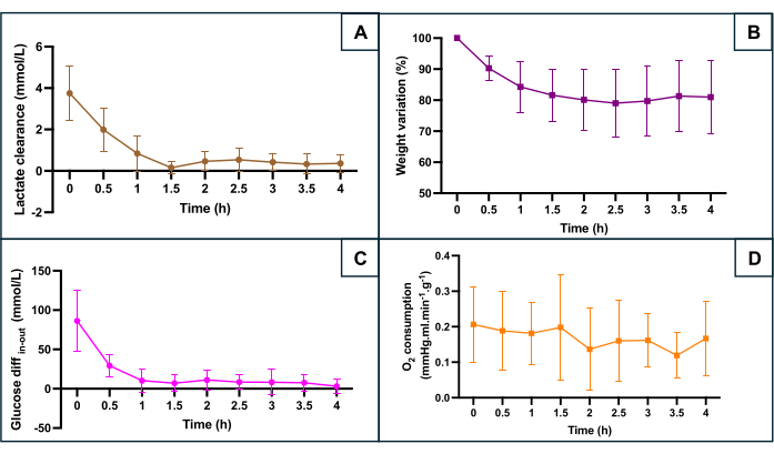 figure-results-5 Lactate clearance, weight variation, glucose diffusion, O2 consumption; time-course analysis charts.