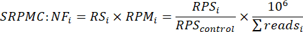 Equation for calculating SRPMC:NF in genomic sequencing, depicting normalization formula.