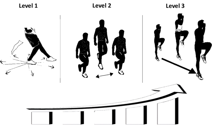 Exercise progression diagram: static balance (Level 1), dynamic balance (Level 2-3), skill levels.