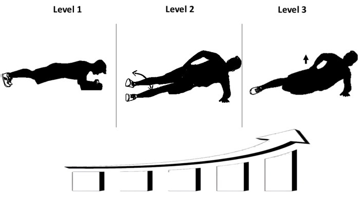 Plank progression diagram with three difficulty levels, highlighting exercise variation steps.