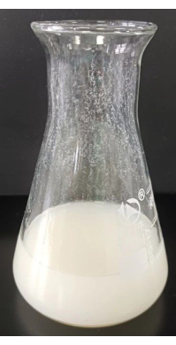 figure-results-3 Erlenmeyer flask containing white suspension; chemical experiment setup; solution analysis.