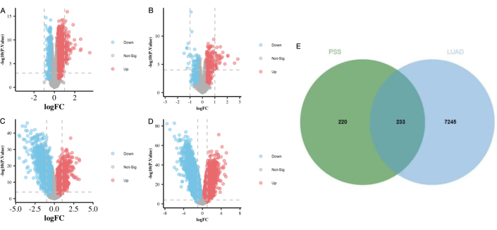figure-results-1 Volcano plots A-D and Venn diagram E displaying gene expression analysis results and overlap.