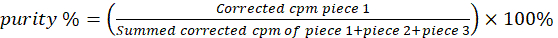 Purity percentage formula for chemical assay, showing corrected cpm ratio calculation method.