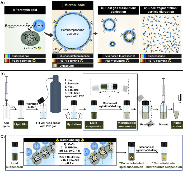 figure-introduction-1 Porphyrin-lipid microbubble formation process diagram; lipid hydration, sonication, radiolabeling.