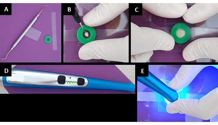 Dental composite curing process using LED light, step-by-step, including dental tools and polymerization.