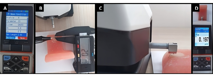 Surface roughness measurement with profilometer; digital caliper reading, setup, result display.